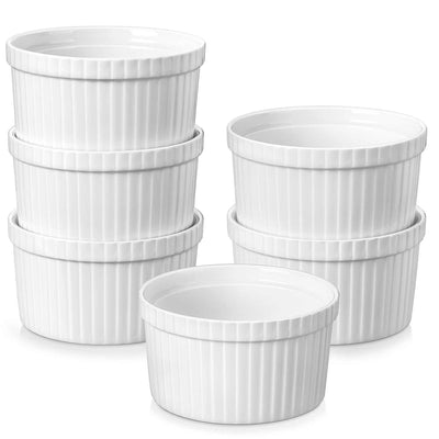 MALACASA Ramekins 6-Piece 8oz Porcelain Set in Ivory White, Ideal for Serving Desserts and Appetizers.