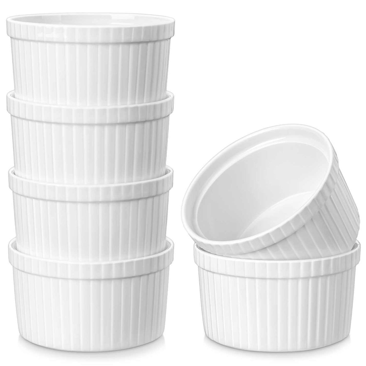 MALACASA Ramekins 6-Piece 8oz Porcelain Set in Ivory White, Ideal for Serving Desserts and Appetizers.