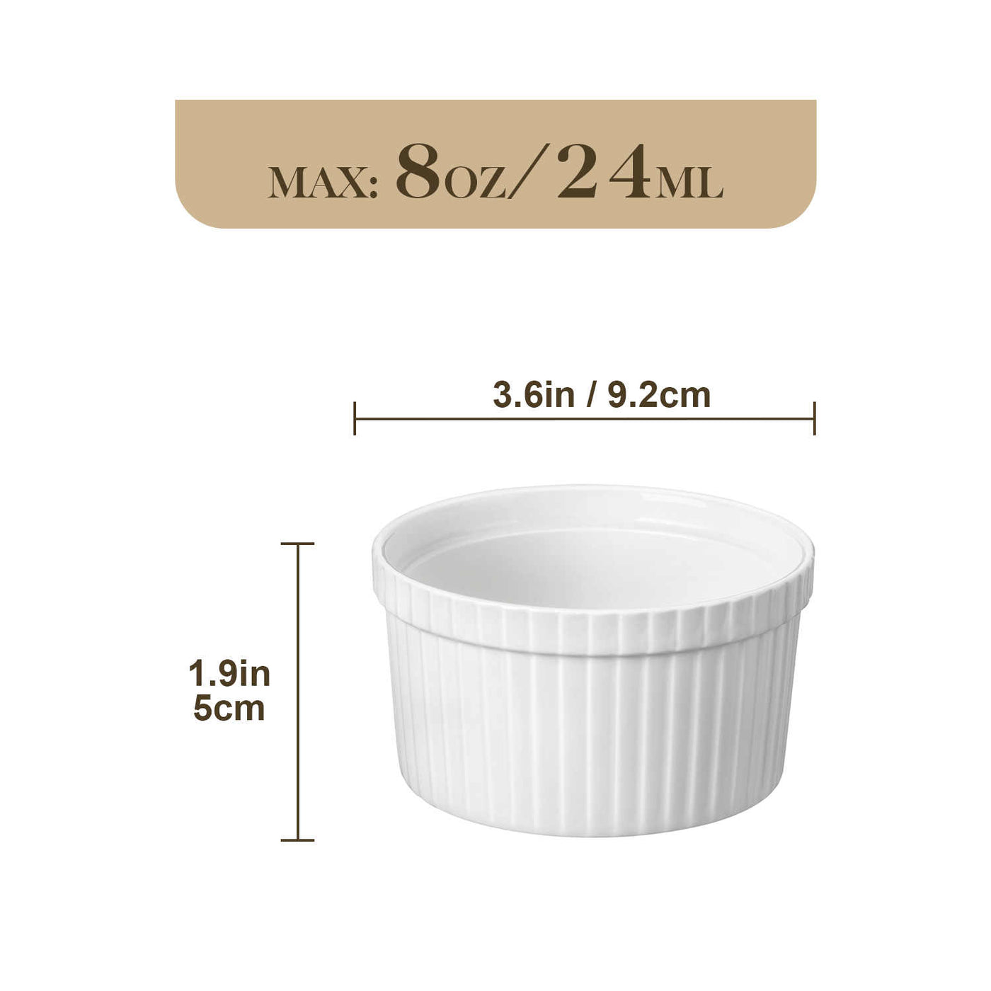 MALACASA Ramekins 6-Piece 8oz Porcelain Set in Ivory White, Ideal for Serving Desserts and Appetizers.