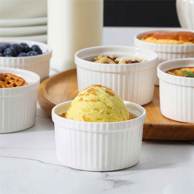 MALACASA Ramekins 6-Piece 8oz Porcelain Set in Ivory White, Ideal for Serving Desserts and Appetizers.