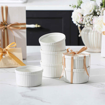 MALACASA Ramekins 6-Piece 8oz Porcelain Set in Ivory White, Ideal for Serving Desserts and Appetizers.