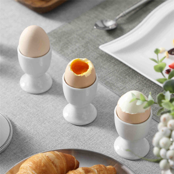 MIAMIO – Set di 4 Portauova in Ceramica, Portauova in Gres con Vassoio per Gusci, Portauova da Colazione di Qualità da Ristorante – Lavabili in Lavastoviglie (Bianco