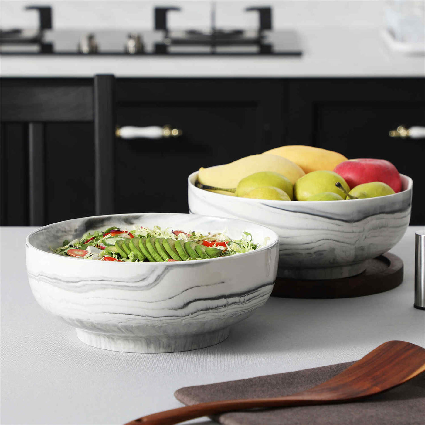 MALACASA Set of 2 Fine Porcelain Large Sharing Bowls in Marble Grey, 114oz Capacity, Perfect for Serving Salads or Side Dishes at Family Gatherings, Combining Spaciousness with Elegant Design.-Marble Grey#color_marble-grey