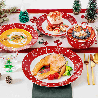 MALACASA Santaclaus 16 Piece Porcelain Dinnerware Set, showcases delightful Santa Claus designs on elegant porcelain. Ideal for festive gatherings and holiday celebrations, this charming set brings joy to your dining experience, making every meal a celebration of the season.