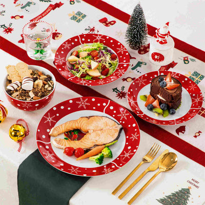 MALACASA Santaclaus 16 Piece Porcelain Dinnerware Set, showcases delightful Santa Claus designs on elegant porcelain. Ideal for festive gatherings and holiday celebrations, this charming set brings joy to your dining experience, making every meal a celebration of the season.