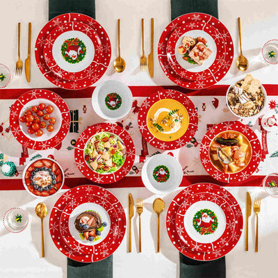 MALACASA Santaclaus 16 Piece Porcelain Dinnerware Set, showcases delightful Santa Claus designs on elegant porcelain. Ideal for festive gatherings and holiday celebrations, this charming set brings joy to your dining experience, making every meal a celebration of the season.