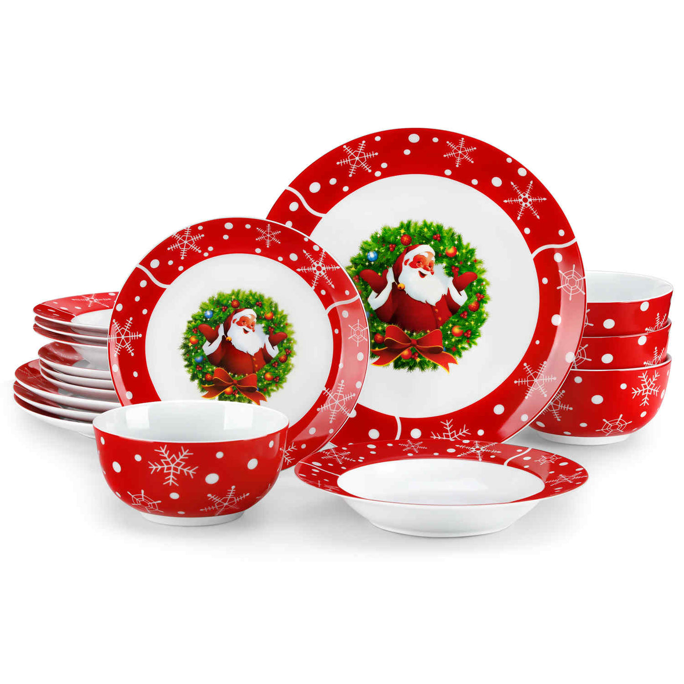 MALACASA Santaclaus 16 Piece Porcelain Dinnerware Set, showcases delightful Santa Claus designs on elegant porcelain. Ideal for festive gatherings and holiday celebrations, this charming set brings joy to your dining experience, making every meal a celebration of the season.