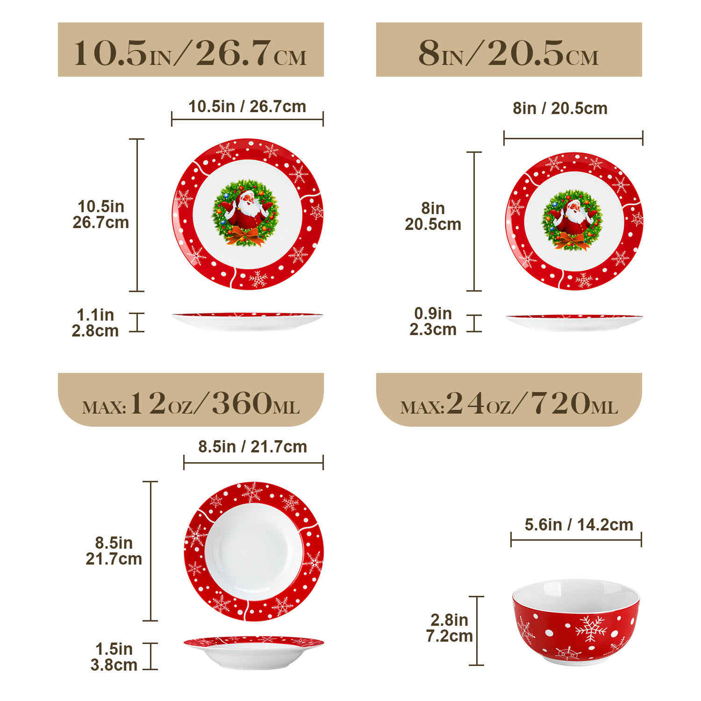 MALACASA Santaclaus 16 Piece Porcelain Dinnerware Set, showcases delightful Santa Claus designs on elegant porcelain. Ideal for festive gatherings and holiday celebrations, this charming set brings joy to your dining experience, making every meal a celebration of the season.