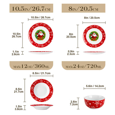 MALACASA Santaclaus 16 Piece Porcelain Dinnerware Set, showcases delightful Santa Claus designs on elegant porcelain. Ideal for festive gatherings and holiday celebrations, this charming set brings joy to your dining experience, making every meal a celebration of the season.