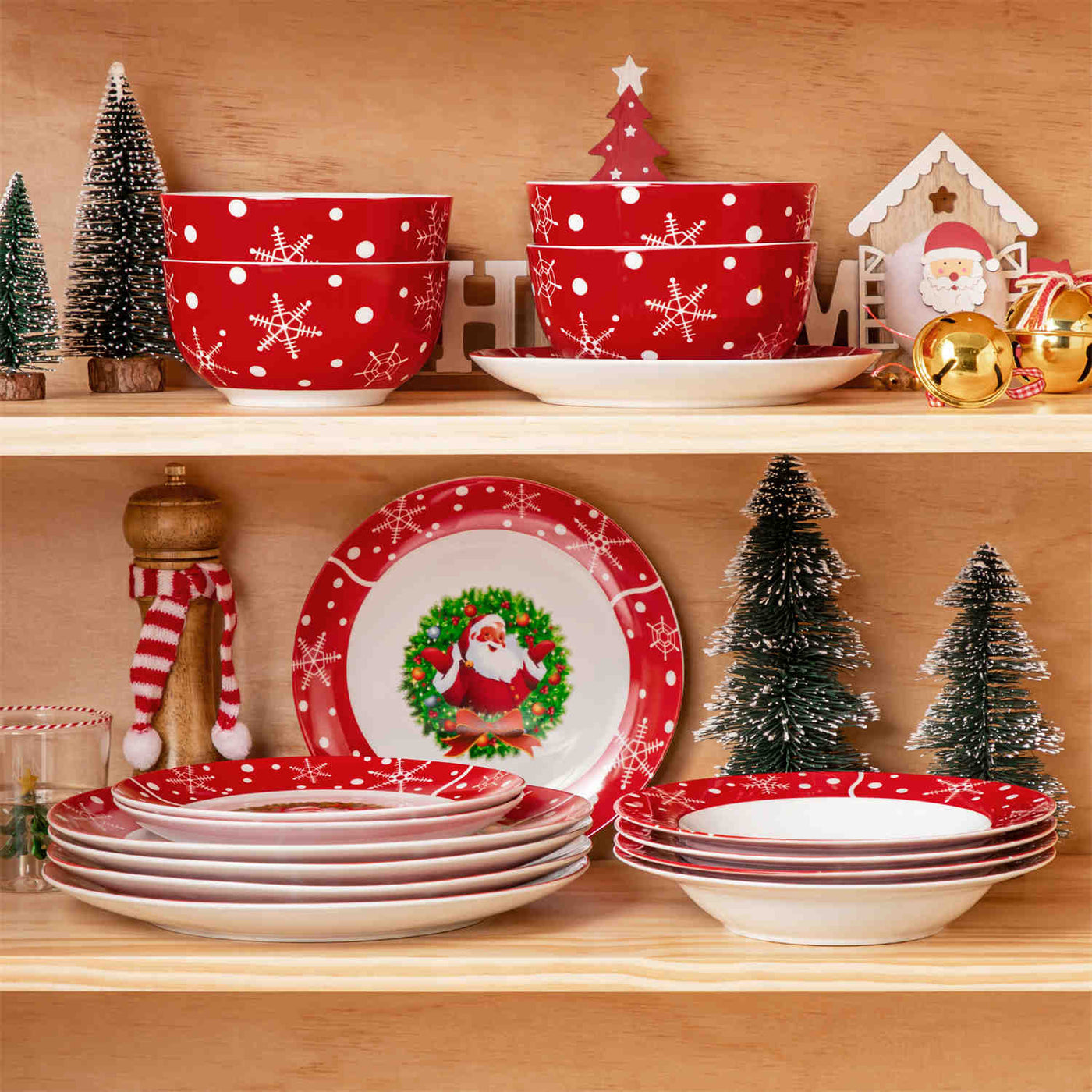 MALACASA Santaclaus 16 Piece Porcelain Dinnerware Set, showcases delightful Santa Claus designs on elegant porcelain. Ideal for festive gatherings and holiday celebrations, this charming set brings joy to your dining experience, making every meal a celebration of the season.