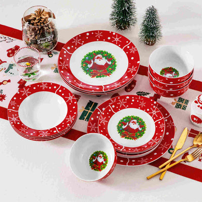 MALACASA Santaclaus 16 Piece Porcelain Dinnerware Set, showcases delightful Santa Claus designs on elegant porcelain. Ideal for festive gatherings and holiday celebrations, this charming set brings joy to your dining experience, making every meal a celebration of the season.