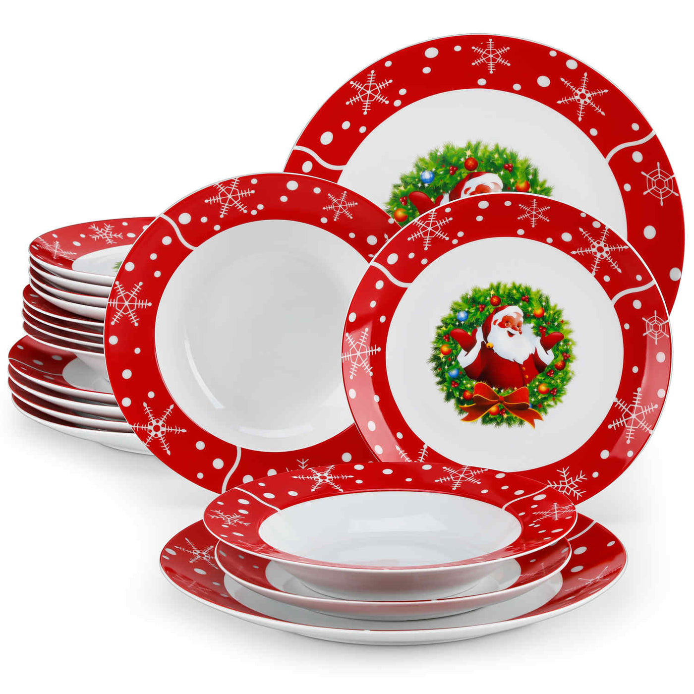 MALACASA Santaclaus 18-Piece Porcelain Dinnerware Set, Featuring a Cheerful Santa Claus Design, Ideal for Holiday Celebrations.