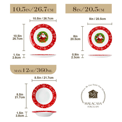 MALACASA Santaclaus 18-Piece Porcelain Dinnerware Set, Featuring a Cheerful Santa Claus Design, Ideal for Holiday Celebrations.