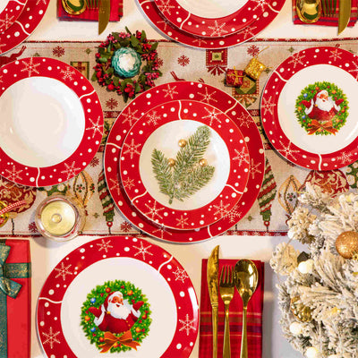 MALACASA Santaclaus 18-Piece Porcelain Dinnerware Set, Featuring a Cheerful Santa Claus Design, Ideal for Holiday Celebrations.