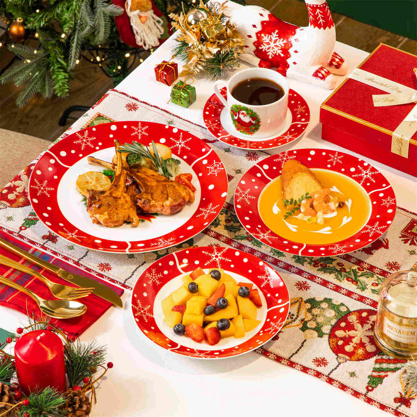 MALACASA Santaclaus 30-Piece Dinnerware Set, features charming Santa Claus designs on high-quality porcelain. Perfect for holiday meals and festive gatherings, this set adds a cheerful touch to your dining table.