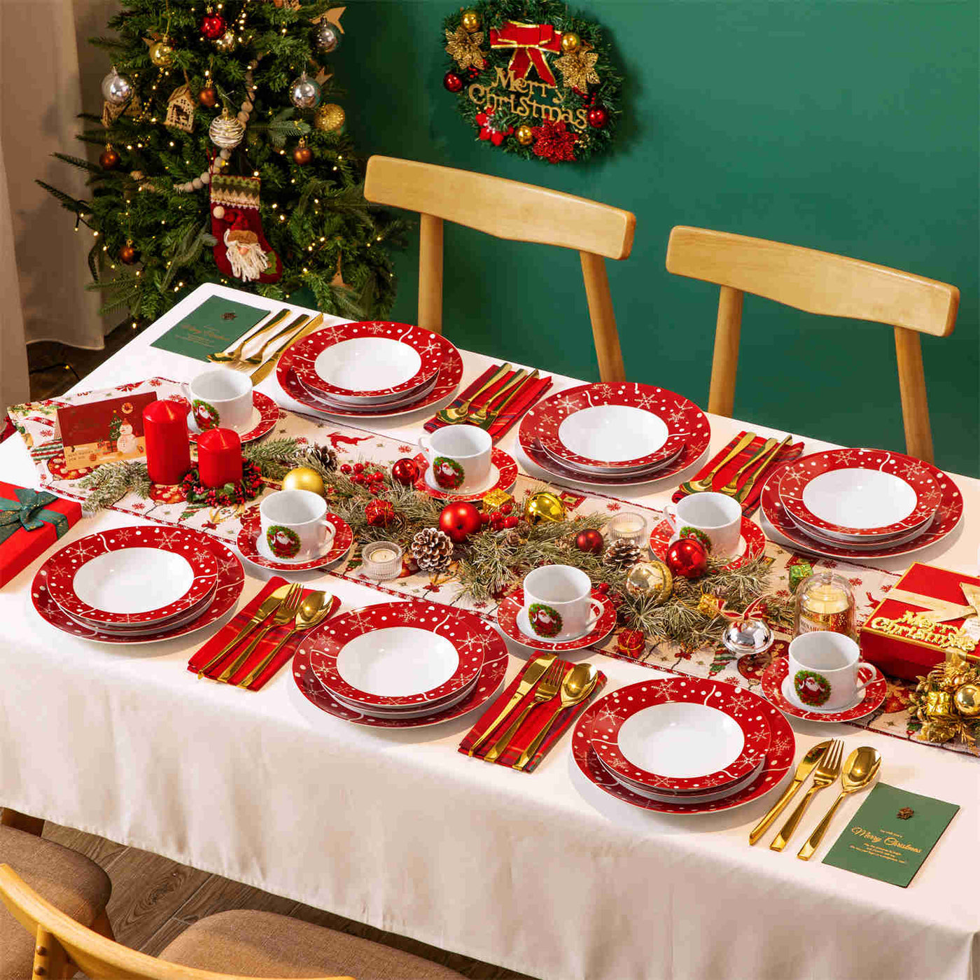 MALACASA Santaclaus 30-Piece Dinnerware Set, features charming Santa Claus designs on high-quality porcelain. Perfect for holiday meals and festive gatherings, this set adds a cheerful touch to your dining table.