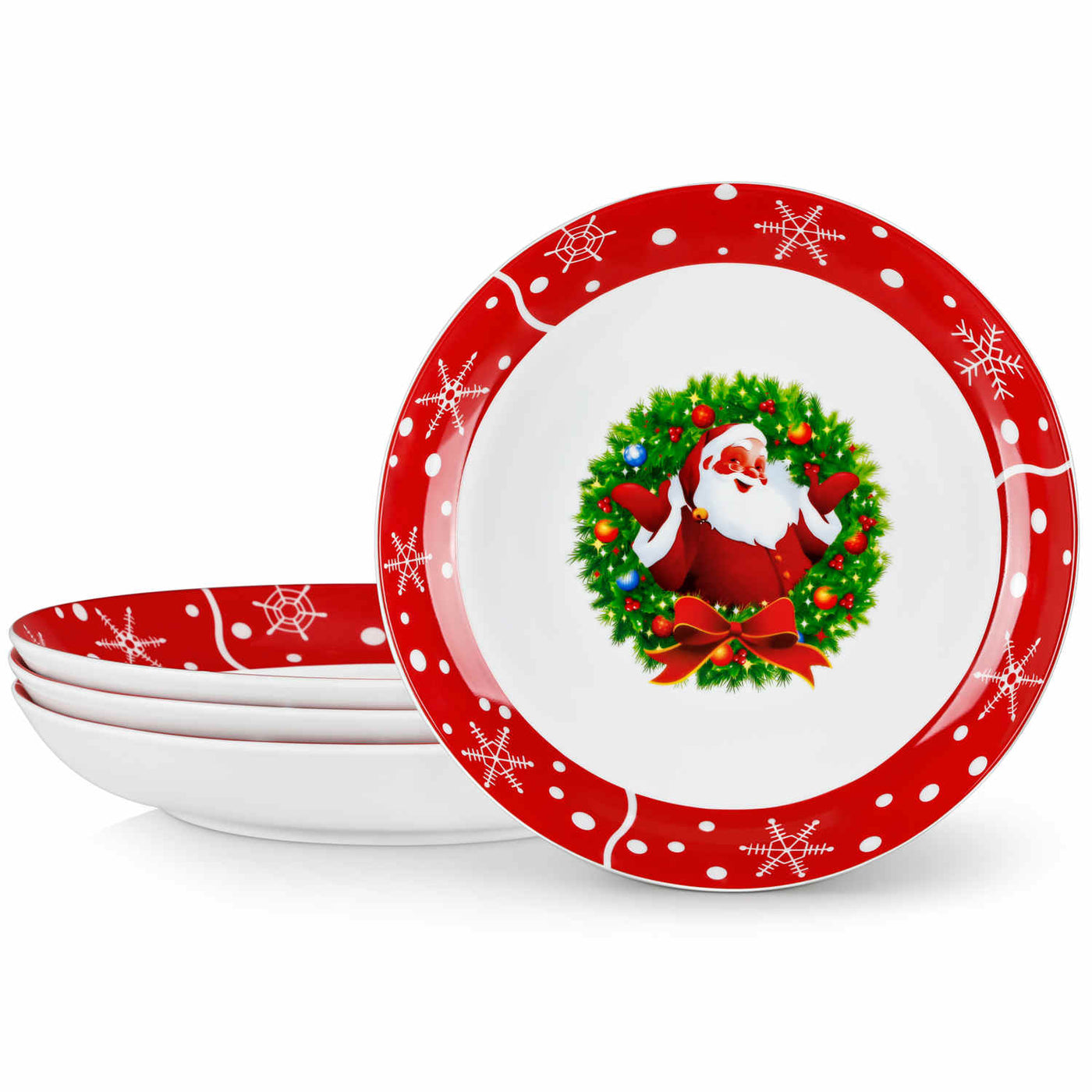 MALACASA Set of 4 Fine Porcelain Soup Plates with a Festive Santa Claus Pattern, Perfect for Adding Holiday Cheer to Your Table During Cozy Family Meals.