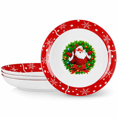 MALACASA Set of 4 Fine Porcelain Soup Plates with a Festive Santa Claus Pattern, Perfect for Adding Holiday Cheer to Your Table During Cozy Family Meals.