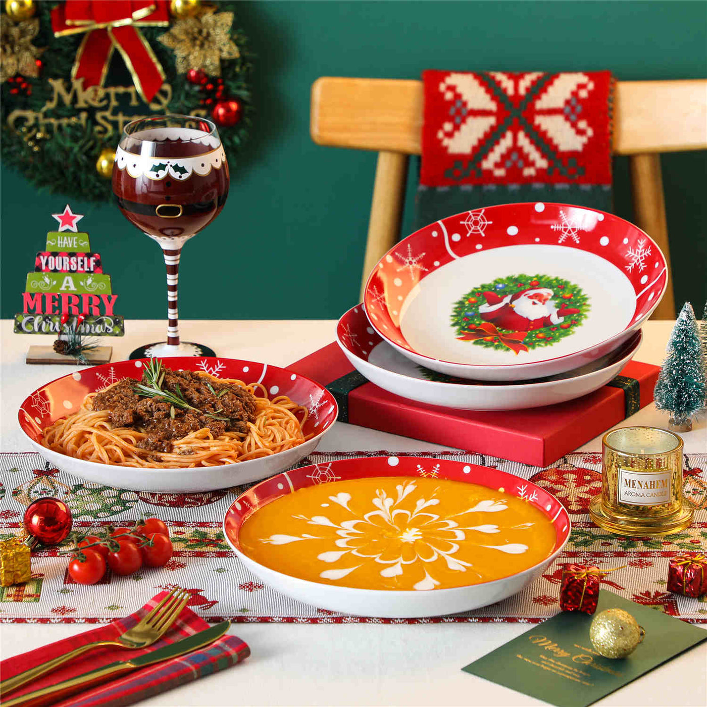 MALACASA Set of 4 Fine Porcelain Soup Plates with a Festive Santa Claus Pattern, Perfect for Adding Holiday Cheer to Your Table During Cozy Family Meals.