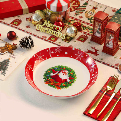 MALACASA Set of 4 Fine Porcelain Soup Plates with a Festive Santa Claus Pattern, Perfect for Adding Holiday Cheer to Your Table During Cozy Family Meals.