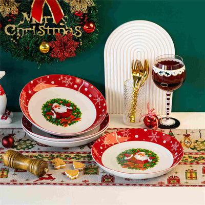 MALACASA Set of 4 Fine Porcelain Soup Plates with a Festive Santa Claus Pattern, Perfect for Adding Holiday Cheer to Your Table During Cozy Family Meals.