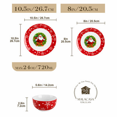 MALACASA Santaclaus 12-Piece Porcelain Dinnerware set, Service for 4, Perfect for Creating a Joyful Holiday Dining Experience.