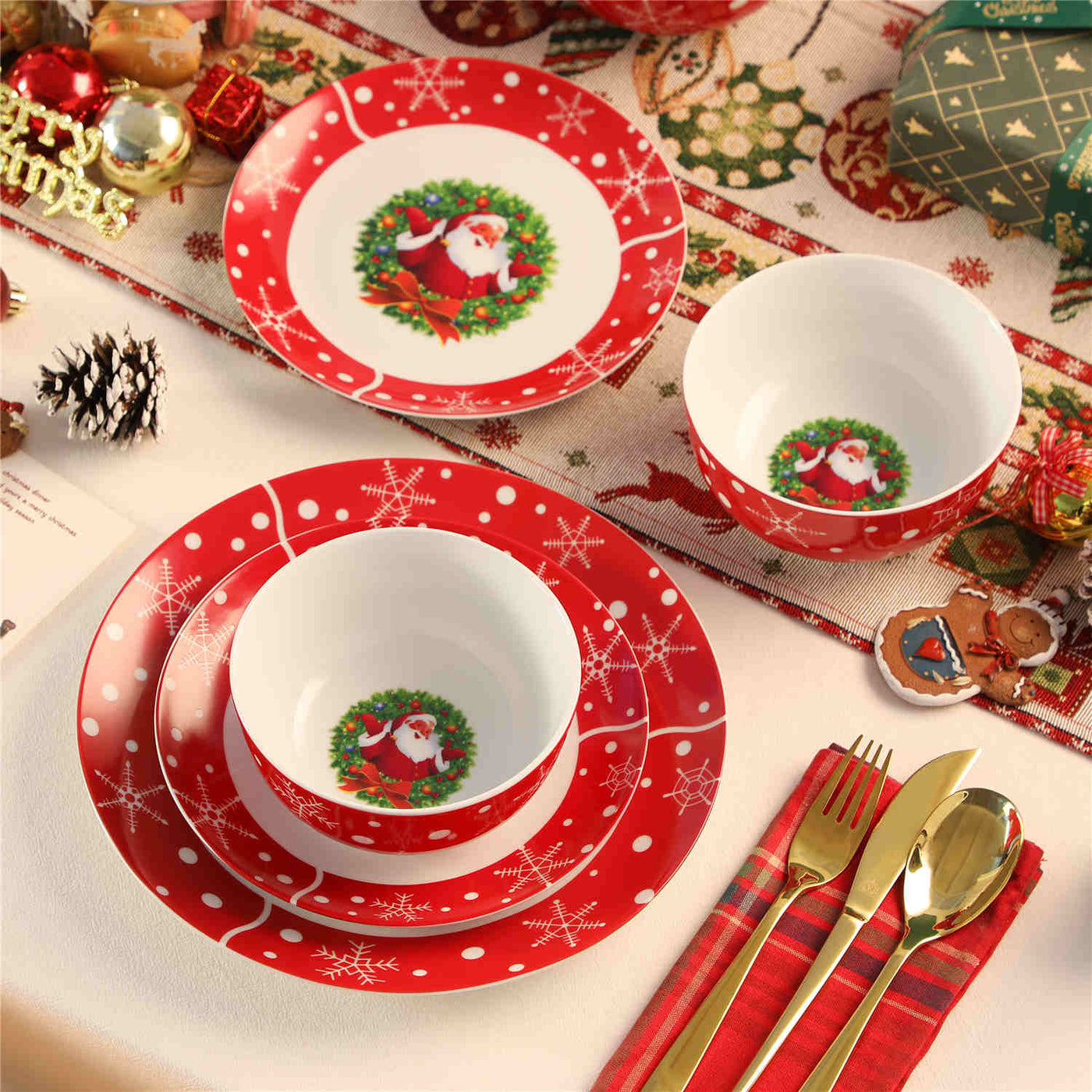 MALACASA Santaclaus 12-Piece Porcelain Dinnerware set, Service for 4, Perfect for Creating a Joyful Holiday Dining Experience.