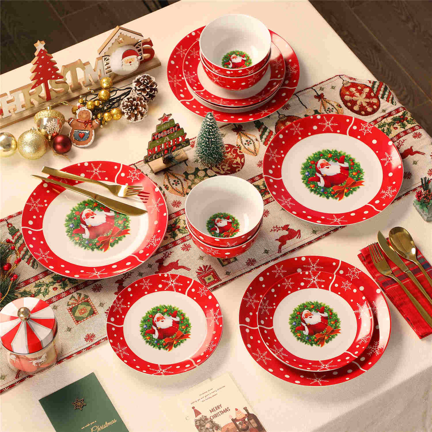 MALACASA Santaclaus 12-Piece Porcelain Dinnerware set, Service for 4, Perfect for Creating a Joyful Holiday Dining Experience.