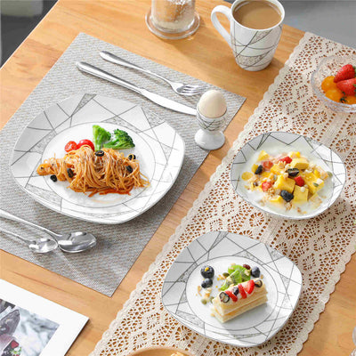 MALACASA Serena 20-Piece Porcelain Dinnerware Set, White with Marble-Colored Natural Elements and Irregular Geometric Patterns