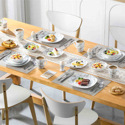 MALACASA Serena 20-Piece Porcelain Dinnerware Set, White with Marble-Colored Natural Elements and Irregular Geometric Patterns