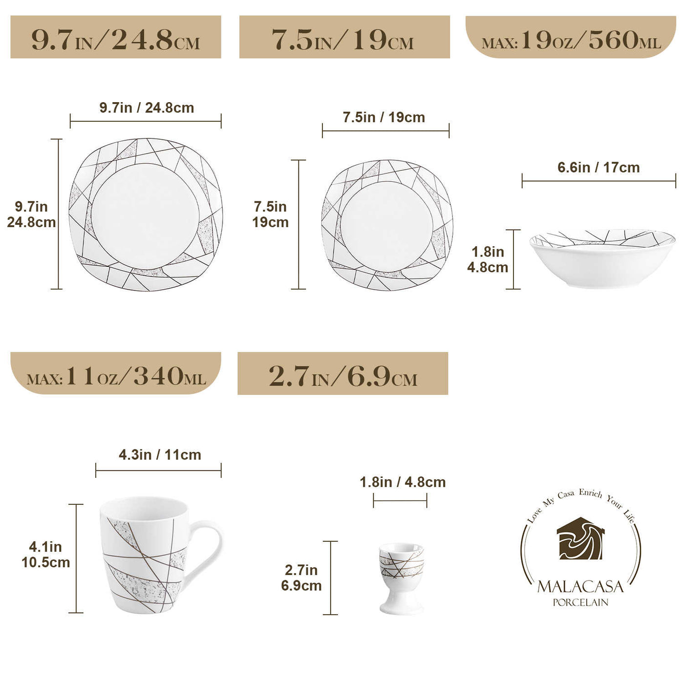 MALACASA Serena 20-Piece Porcelain Dinnerware Set, White with Marble-Colored Natural Elements and Irregular Geometric Patterns