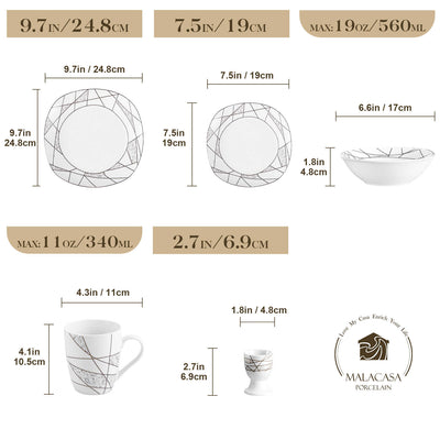 MALACASA Serena 20-Piece Porcelain Dinnerware Set, White with Marble-Colored Natural Elements and Irregular Geometric Patterns