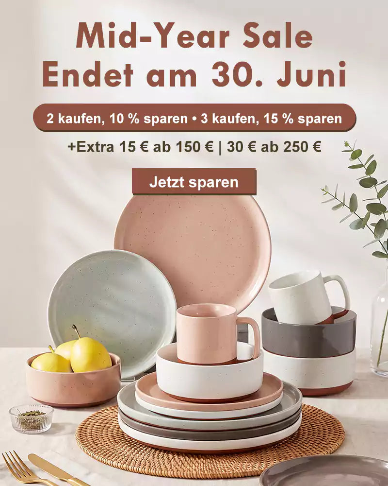Dining set with plates, cups, and bowls on a table with promotional text for a mid-year sale.