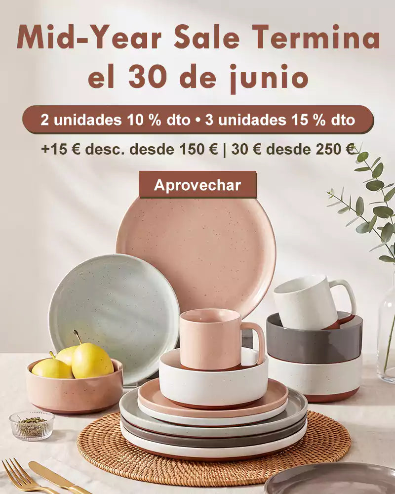 Dining set with plates, cups, and bowls on a table with promotional text for a mid-year sale.