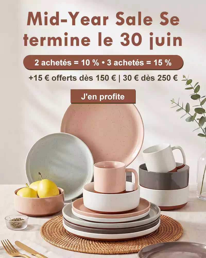 Dining set with plates, cups, and bowls on a table with promotional text for a mid-year sale.