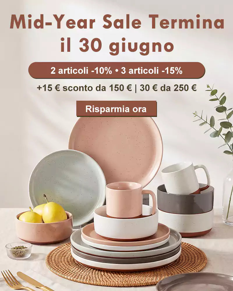 Dining set with plates, cups, and bowls on a table with a promotional banner for a mid-year sale.