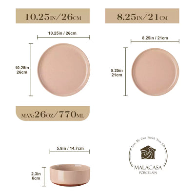 MALACASA Tara pink stoneware dinnerware set, 18 piece set for 6#color_pink