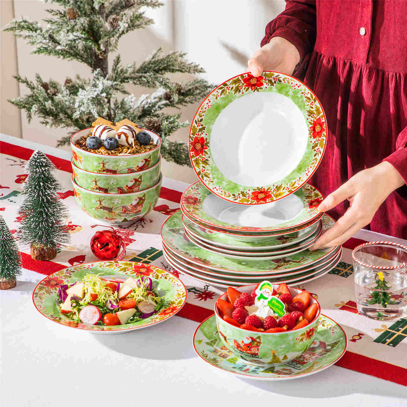 MALACASA Xmas Reindeer Sleigh 16 Piece Porcelain Dinnerware Set, All Beautifully Adorned with Cheerful Reindeer and Holiday Motifs. Perfect for Holiday Celebrations, this Dinnerware Adds a Warm, Whimsical Touch to Any Dining Experience, Making Every Meal Feel Special and Festive.