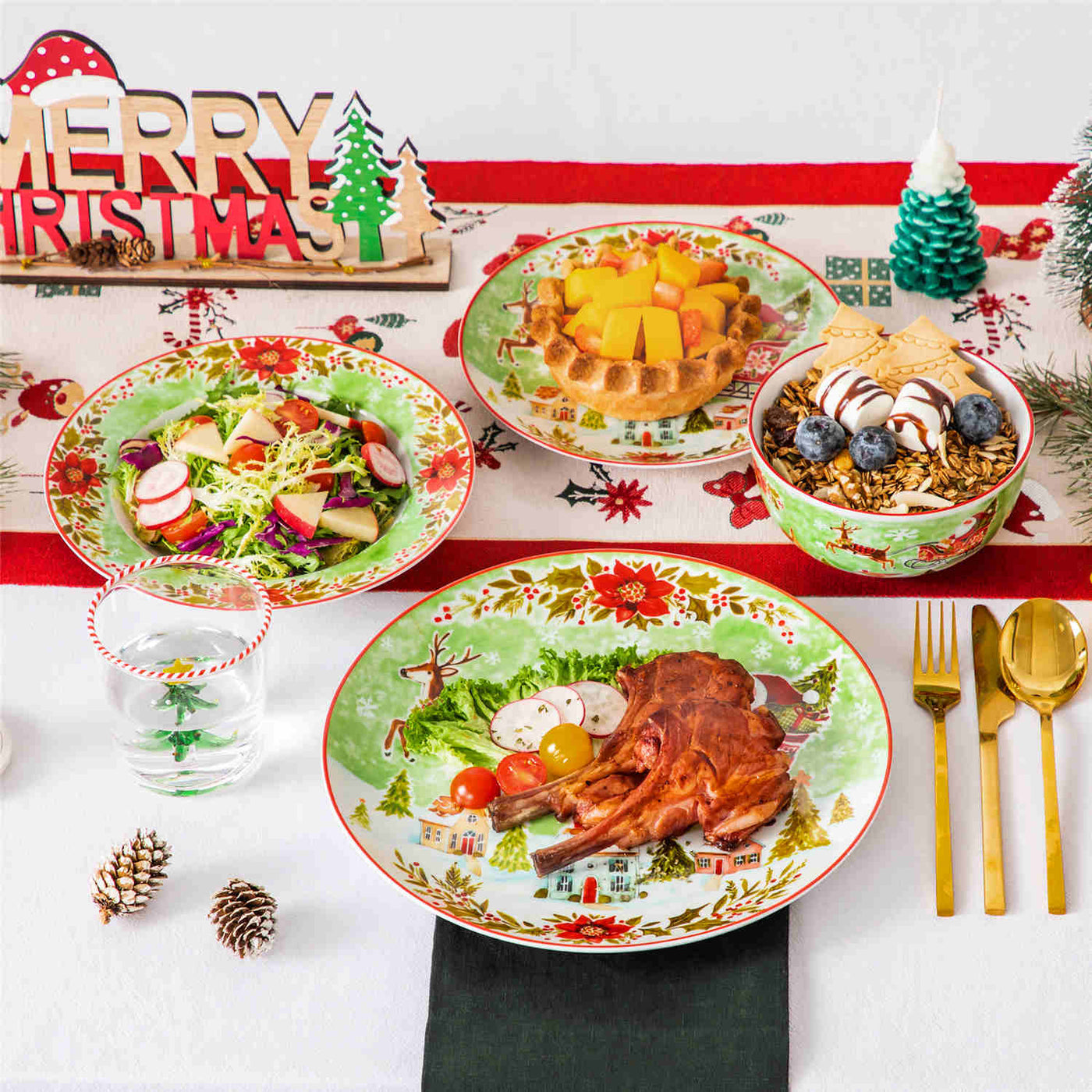 MALACASA Xmas Reindeer Sleigh 16 Piece Porcelain Dinnerware Set, All Beautifully Adorned with Cheerful Reindeer and Holiday Motifs. Perfect for Holiday Celebrations, this Dinnerware Adds a Warm, Whimsical Touch to Any Dining Experience, Making Every Meal Feel Special and Festive.