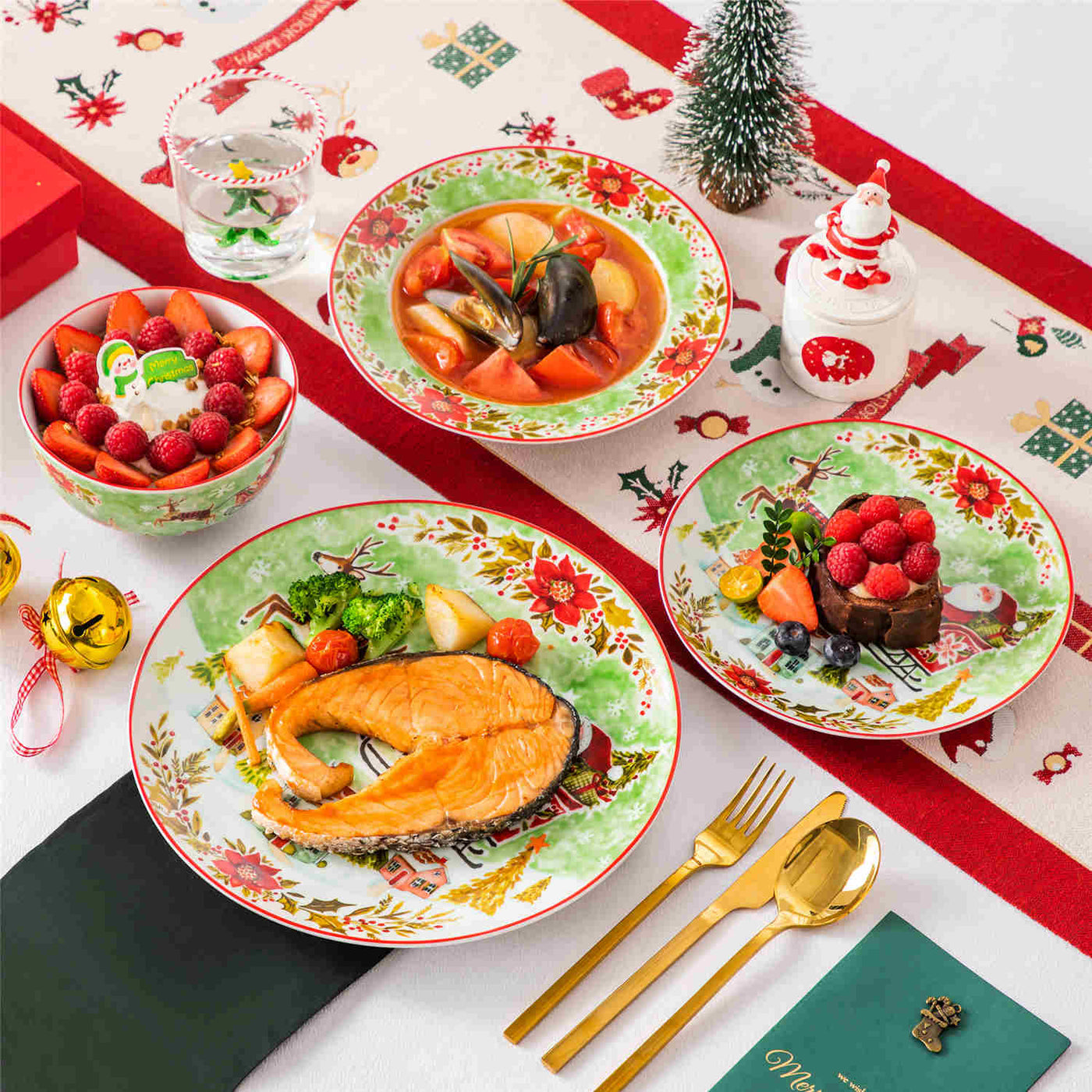 MALACASA Xmas Reindeer Sleigh 16 Piece Porcelain Dinnerware Set, All Beautifully Adorned with Cheerful Reindeer and Holiday Motifs. Perfect for Holiday Celebrations, this Dinnerware Adds a Warm, Whimsical Touch to Any Dining Experience, Making Every Meal Feel Special and Festive.