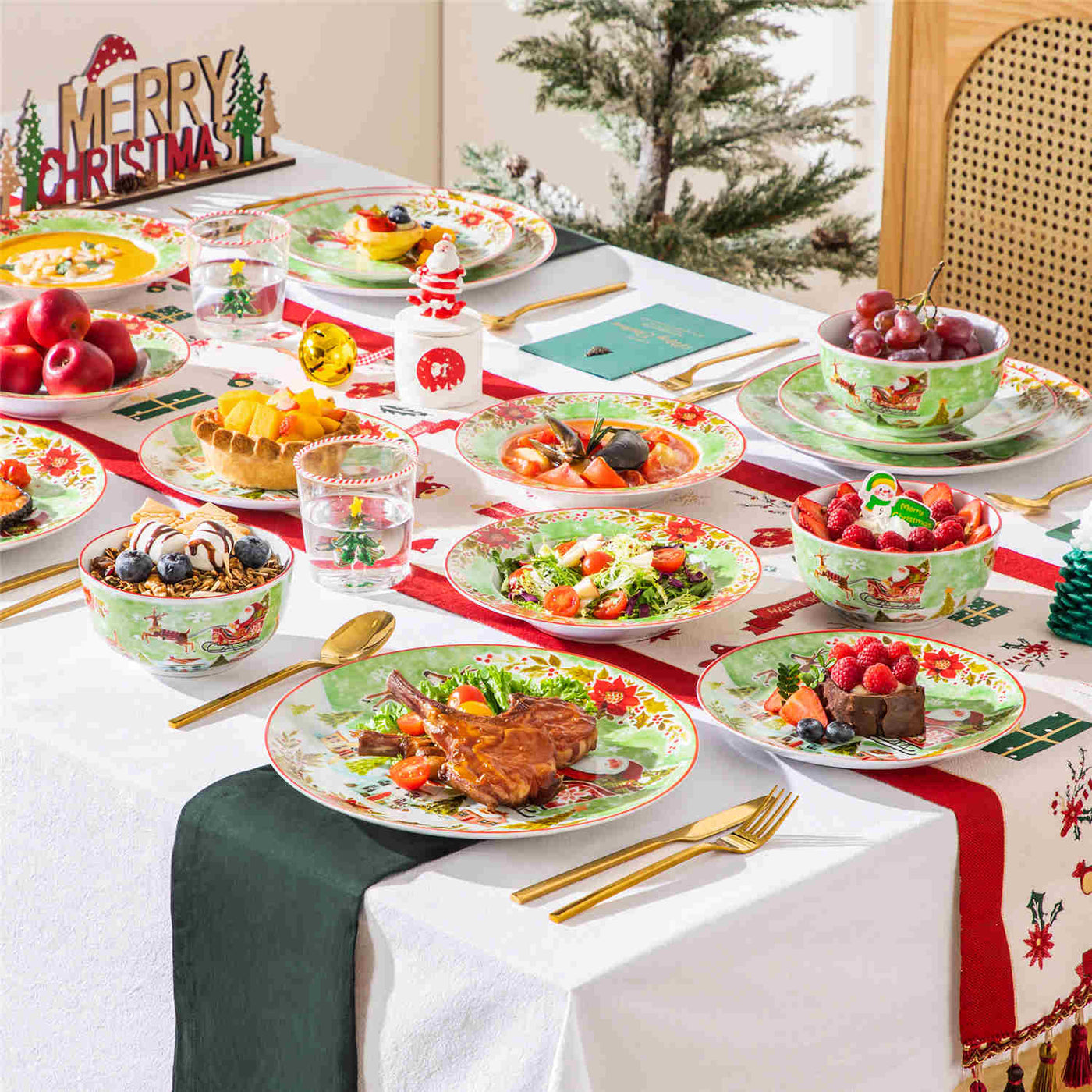 MALACASA Xmas Reindeer Sleigh 16 Piece Porcelain Dinnerware Set, All Beautifully Adorned with Cheerful Reindeer and Holiday Motifs. Perfect for Holiday Celebrations, this Dinnerware Adds a Warm, Whimsical Touch to Any Dining Experience, Making Every Meal Feel Special and Festive.