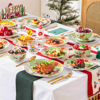 MALACASA Xmas Reindeer Sleigh 16 Piece Porcelain Dinnerware Set, All Beautifully Adorned with Cheerful Reindeer and Holiday Motifs. Perfect for Holiday Celebrations, this Dinnerware Adds a Warm, Whimsical Touch to Any Dining Experience, Making Every Meal Feel Special and Festive.