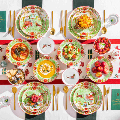 MALACASA Xmas Reindeer Sleigh 16 Piece Porcelain Dinnerware Set, All Beautifully Adorned with Cheerful Reindeer and Holiday Motifs. Perfect for Holiday Celebrations, this Dinnerware Adds a Warm, Whimsical Touch to Any Dining Experience, Making Every Meal Feel Special and Festive.