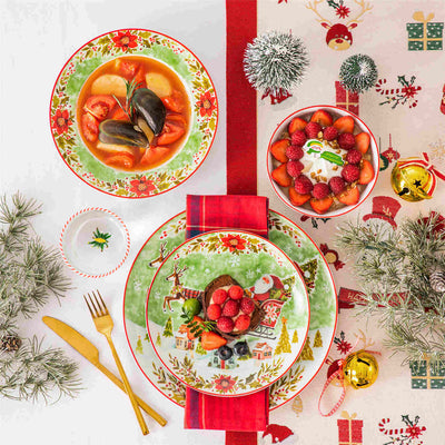 MALACASA Xmas Reindeer Sleigh 16 Piece Porcelain Dinnerware Set, All Beautifully Adorned with Cheerful Reindeer and Holiday Motifs. Perfect for Holiday Celebrations, this Dinnerware Adds a Warm, Whimsical Touch to Any Dining Experience, Making Every Meal Feel Special and Festive.