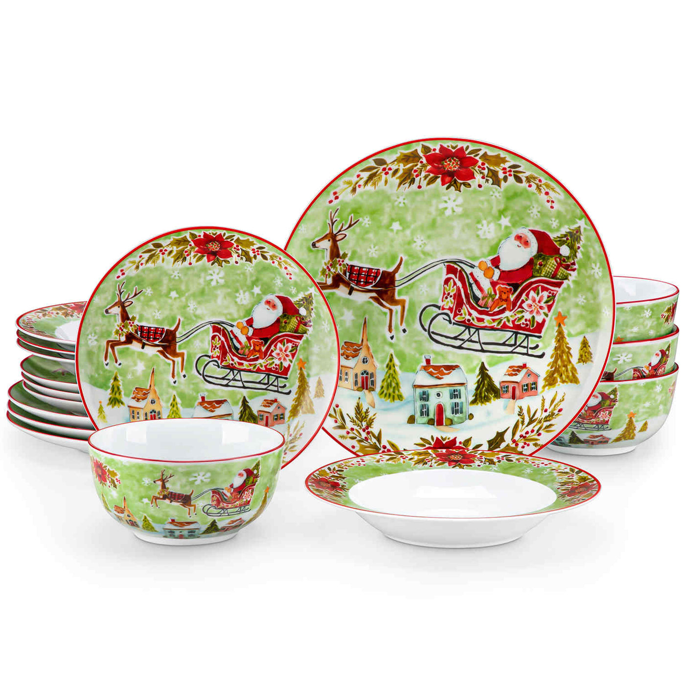 MALACASA Xmas Reindeer Sleigh 16 Piece Porcelain Dinnerware Set, All Beautifully Adorned with Cheerful Reindeer and Holiday Motifs. Perfect for Holiday Celebrations, this Dinnerware Adds a Warm, Whimsical Touch to Any Dining Experience, Making Every Meal Feel Special and Festive.