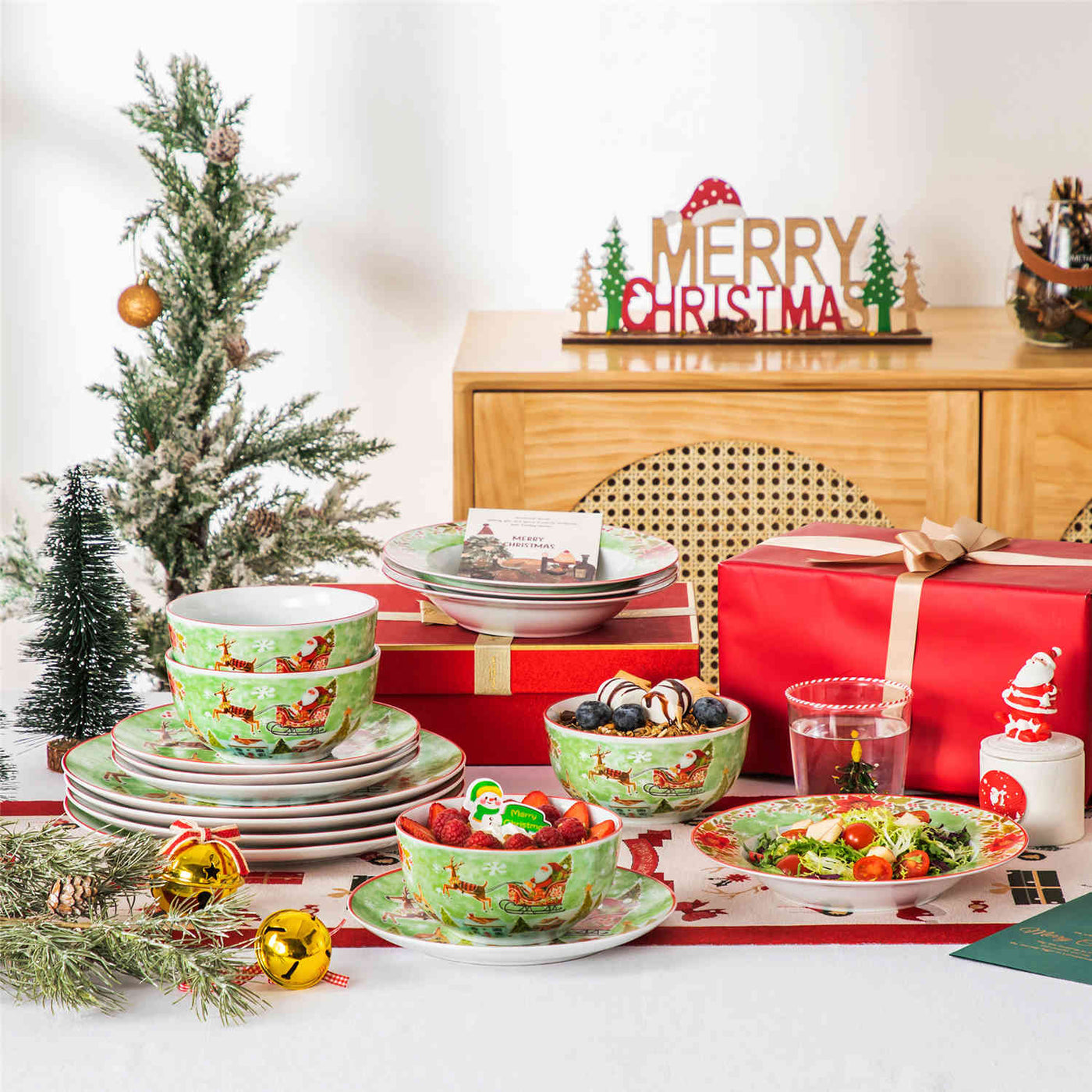 MALACASA Xmas Reindeer Sleigh 16 Piece Porcelain Dinnerware Set, All Beautifully Adorned with Cheerful Reindeer and Holiday Motifs. Perfect for Holiday Celebrations, this Dinnerware Adds a Warm, Whimsical Touch to Any Dining Experience, Making Every Meal Feel Special and Festive.