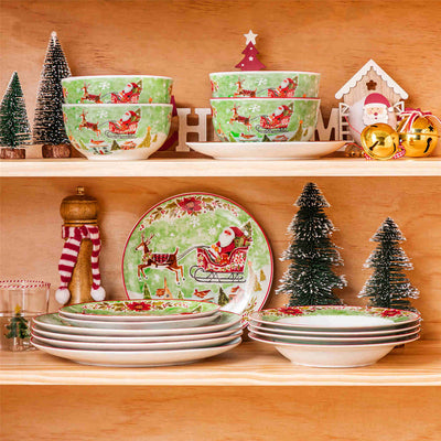 MALACASA Xmas Reindeer Sleigh 16 Piece Porcelain Dinnerware Set, All Beautifully Adorned with Cheerful Reindeer and Holiday Motifs. Perfect for Holiday Celebrations, this Dinnerware Adds a Warm, Whimsical Touch to Any Dining Experience, Making Every Meal Feel Special and Festive.