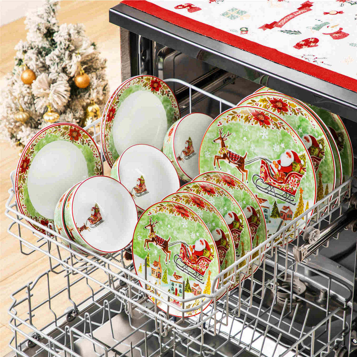 MALACASA Xmas Reindeer Sleigh 16 Piece Porcelain Dinnerware Set, All Beautifully Adorned with Cheerful Reindeer and Holiday Motifs. Perfect for Holiday Celebrations, this Dinnerware Adds a Warm, Whimsical Touch to Any Dining Experience, Making Every Meal Feel Special and Festive.