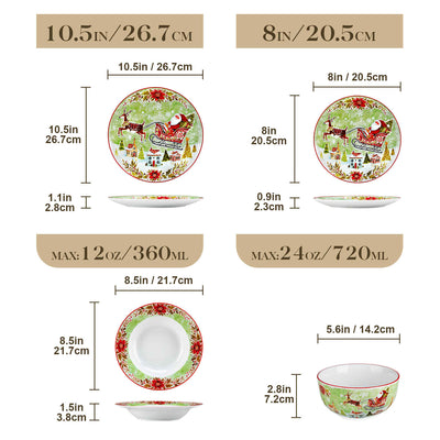 MALACASA Xmas Reindeer Sleigh 16 Piece Porcelain Dinnerware Set, All Beautifully Adorned with Cheerful Reindeer and Holiday Motifs. Perfect for Holiday Celebrations, this Dinnerware Adds a Warm, Whimsical Touch to Any Dining Experience, Making Every Meal Feel Special and Festive.