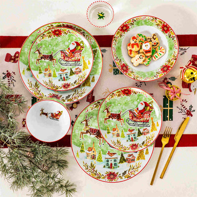 MALACASA Xmas Reindeer Sleigh 16 Piece Porcelain Dinnerware Set, All Beautifully Adorned with Cheerful Reindeer and Holiday Motifs. Perfect for Holiday Celebrations, this Dinnerware Adds a Warm, Whimsical Touch to Any Dining Experience, Making Every Meal Feel Special and Festive.